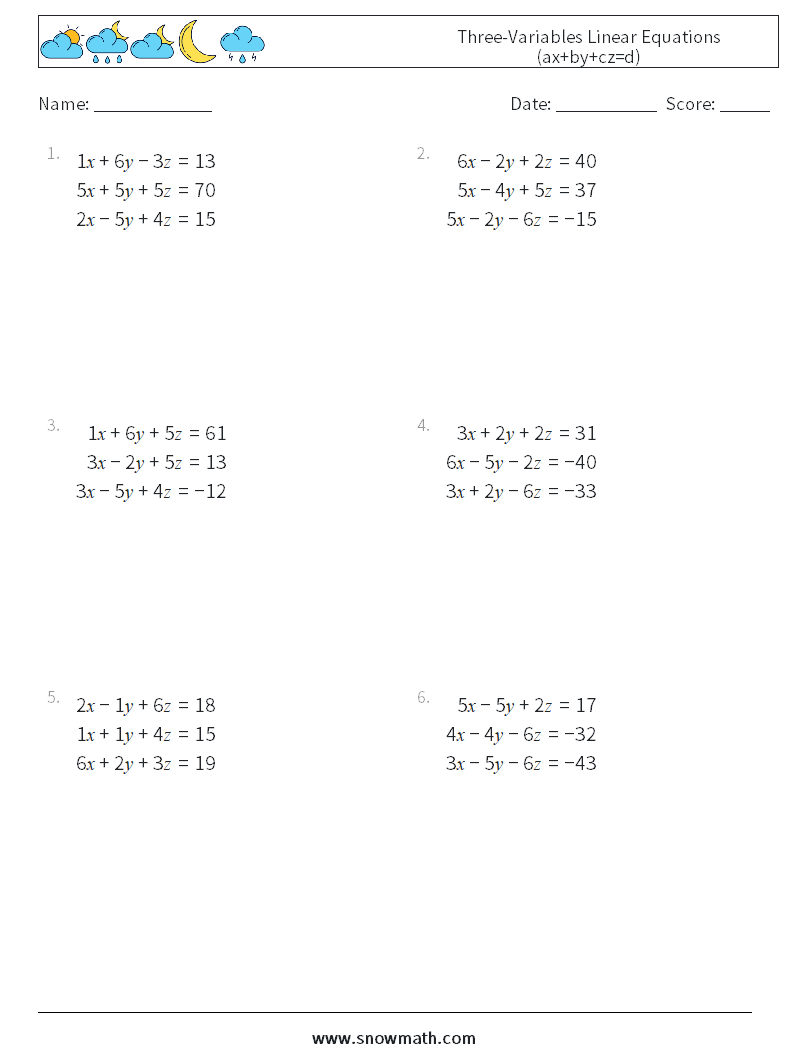 Three-Variables Linear Equations (ax+by+cz=d) Math Worksheets 8