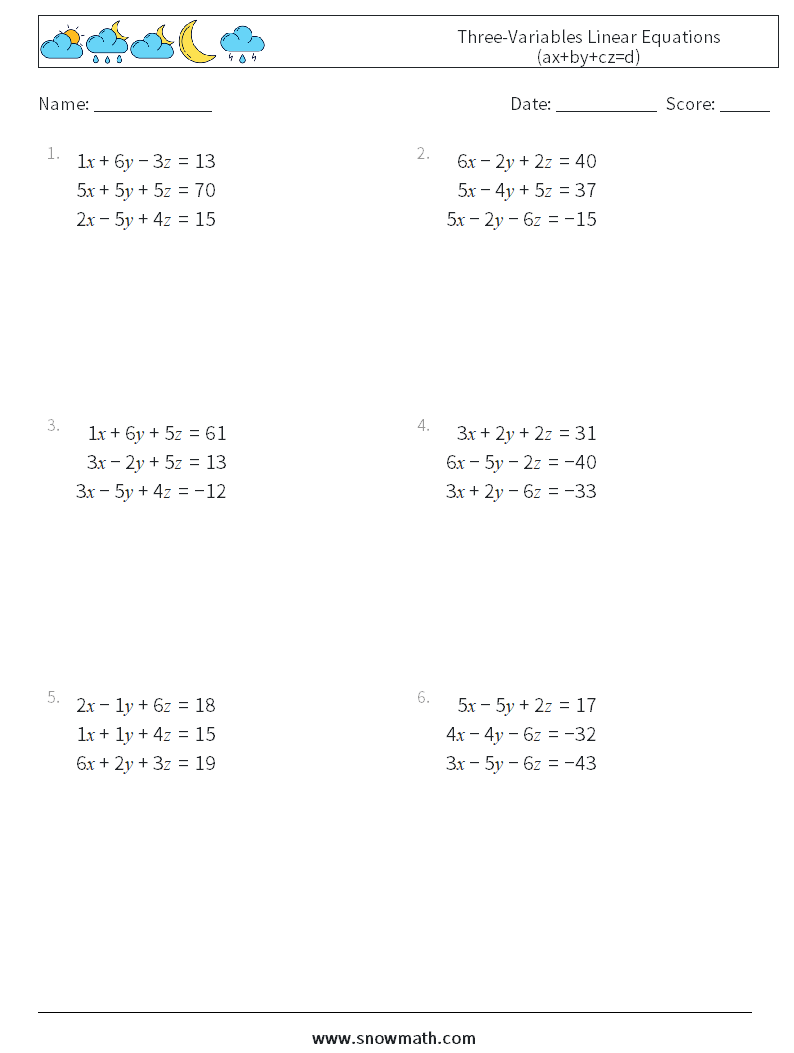 Three-Variables Linear Equations (ax+by+cz=d) Maths Worksheets 8