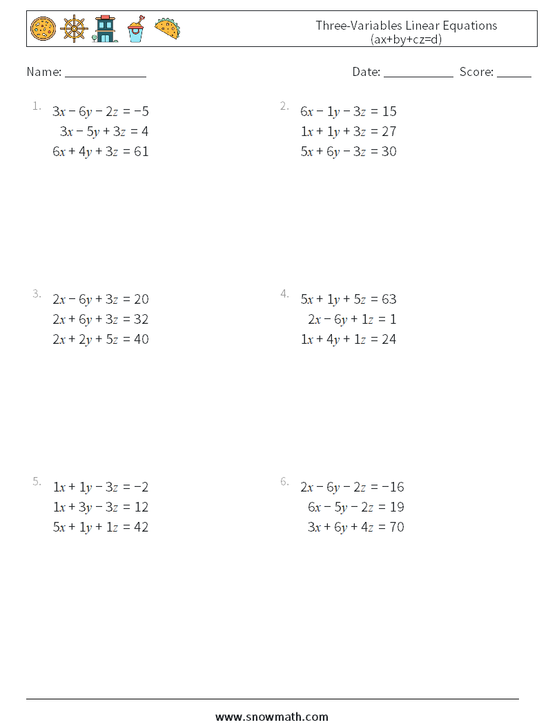 Three-Variables Linear Equations (ax+by+cz=d) Maths Worksheets 9