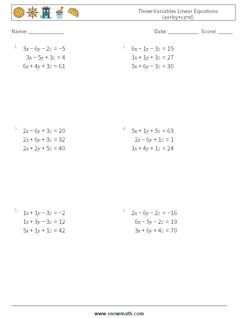 Three-Variables Linear Equations (ax+by+cz=d) Math Worksheets 9