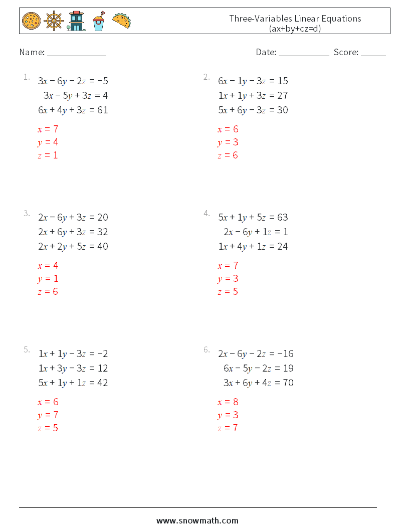 Three-Variables Linear Equations (ax+by+cz=d) Math Worksheets 9 Question, Answer