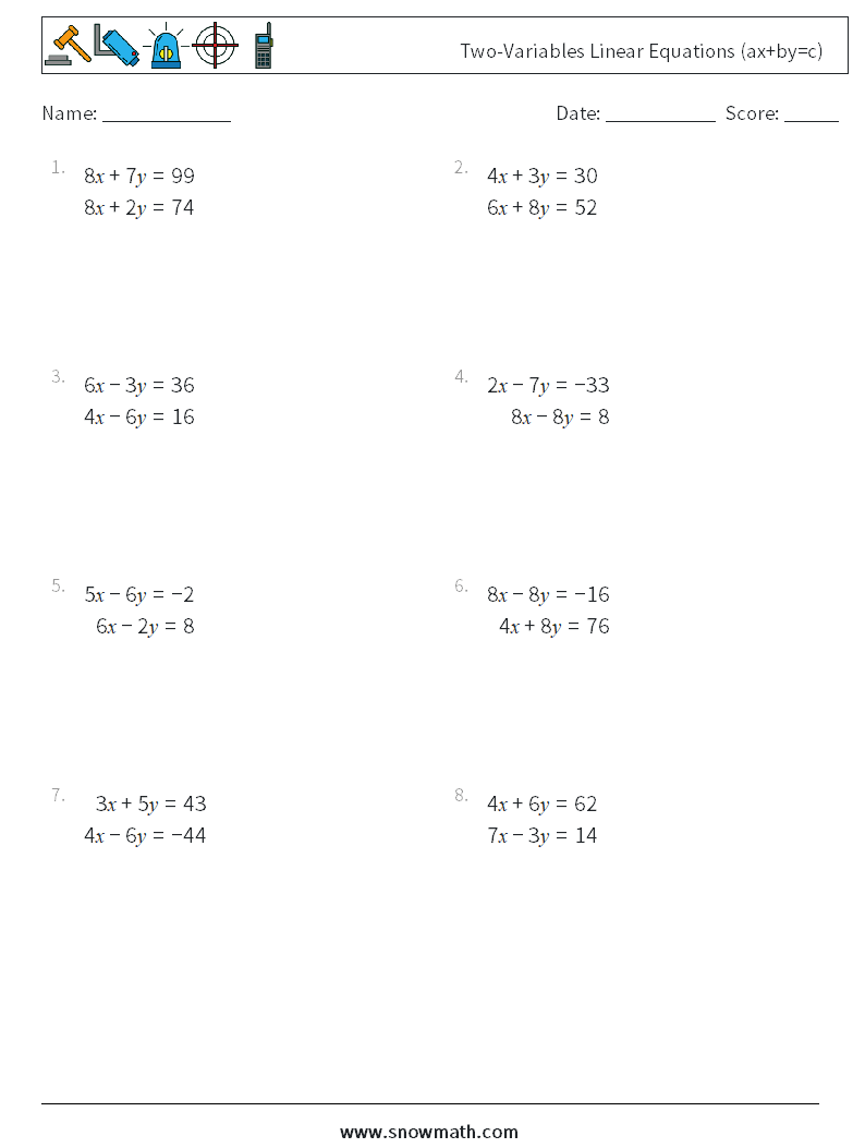 Two-Variables Linear Equations (ax+by=c) Math Worksheets 1