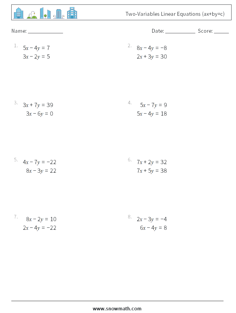 Two-Variables Linear Equations (ax+by=c) Maths Worksheets 10