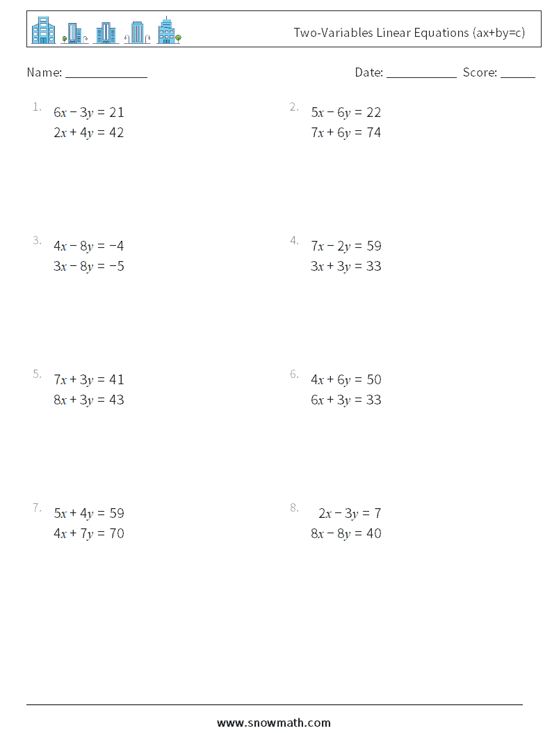 Two-Variables Linear Equations (ax+by=c) Math Worksheets 11