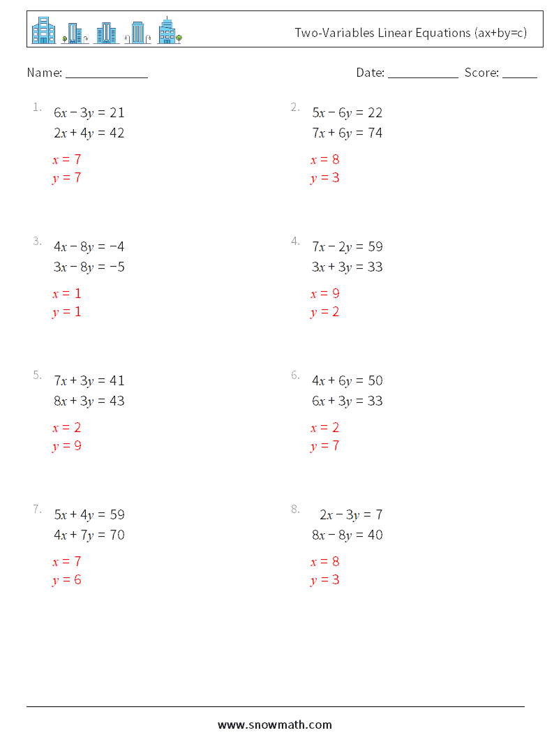 Two-Variables Linear Equations (ax+by=c) Math Worksheets 11 Question, Answer