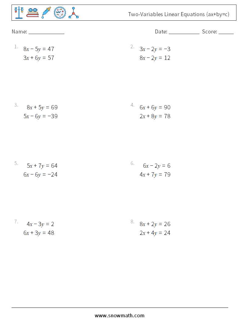 Two-Variables Linear Equations (ax+by=c) Maths Worksheets 12