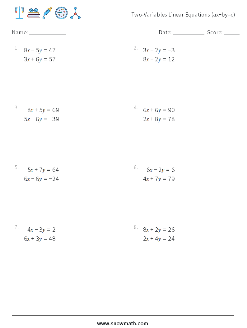 Two-Variables Linear Equations (ax+by=c) Math Worksheets 12