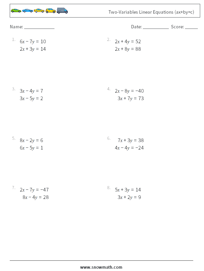 Two-Variables Linear Equations (ax+by=c) Maths Worksheets 13