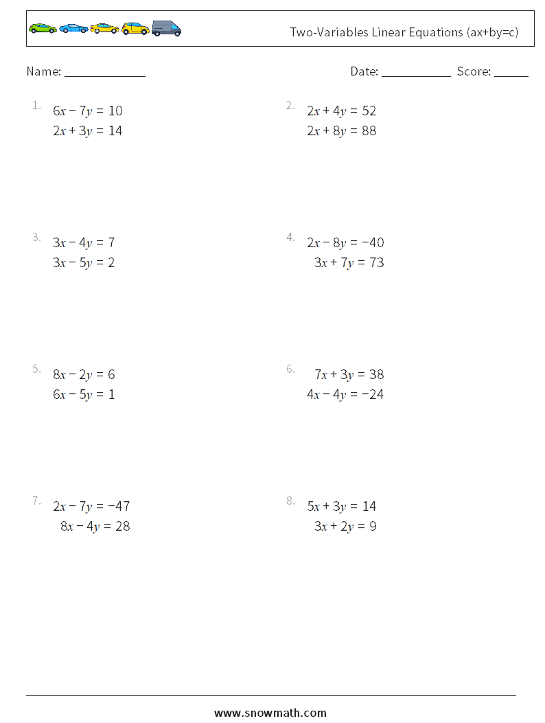 Two-Variables Linear Equations (ax+by=c) Math Worksheets 13