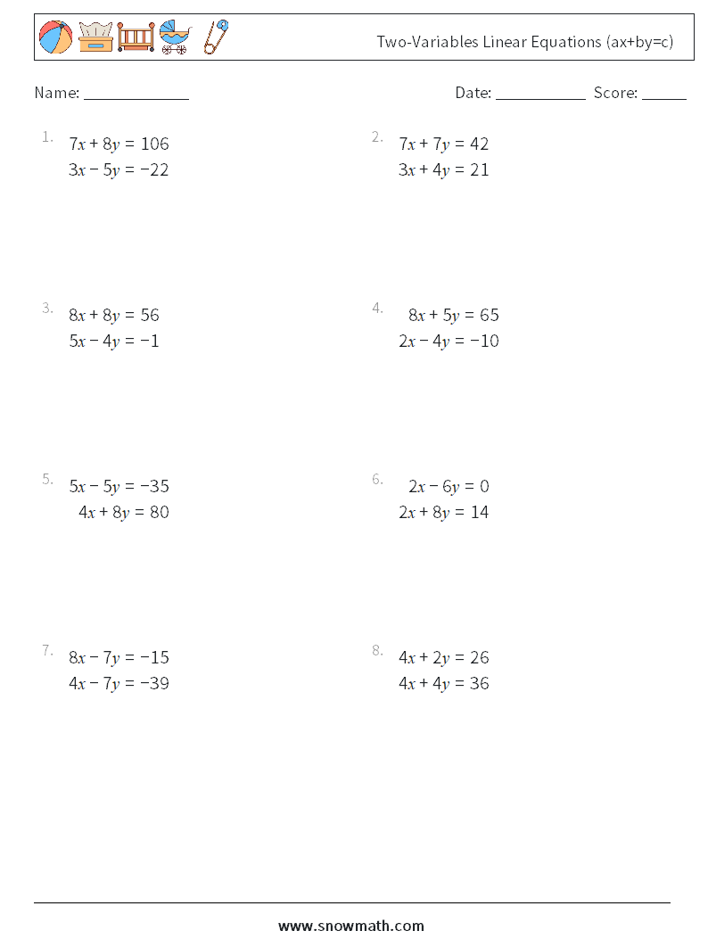 Two-Variables Linear Equations (ax+by=c) Maths Worksheets 14