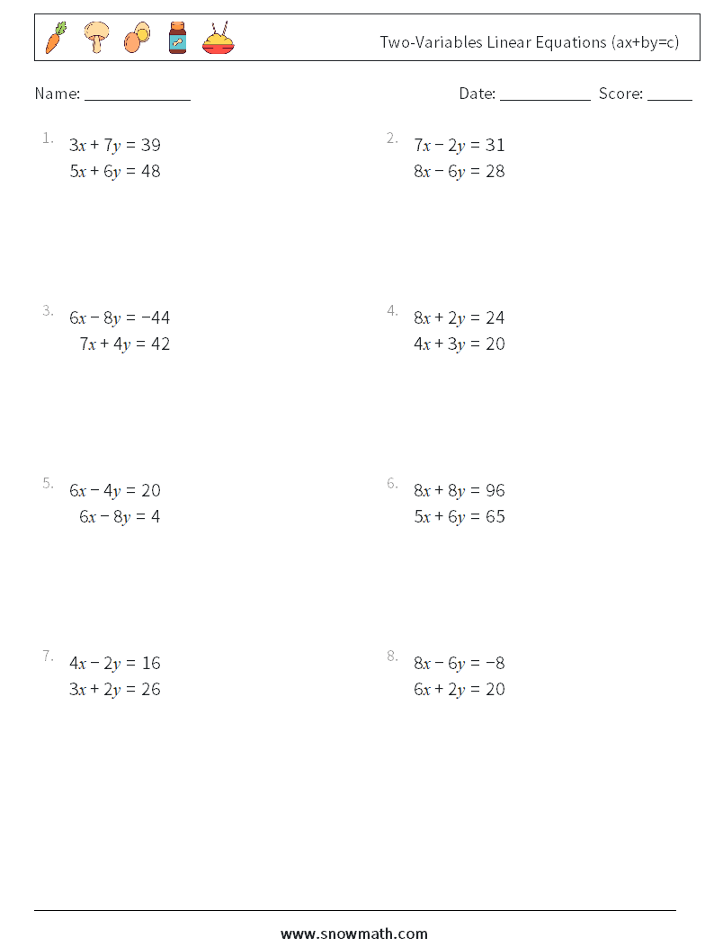 Two-Variables Linear Equations (ax+by=c) Math Worksheets 15