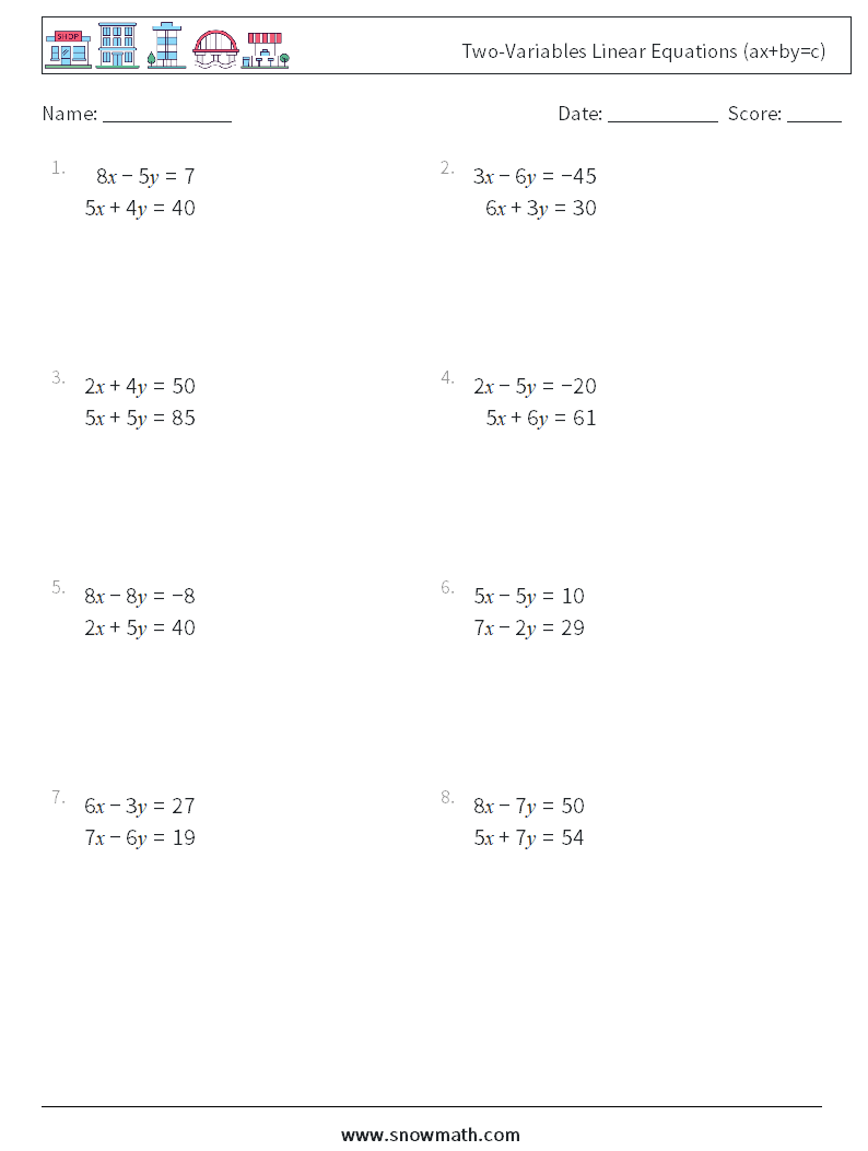 Two-Variables Linear Equations (ax+by=c) Maths Worksheets 16