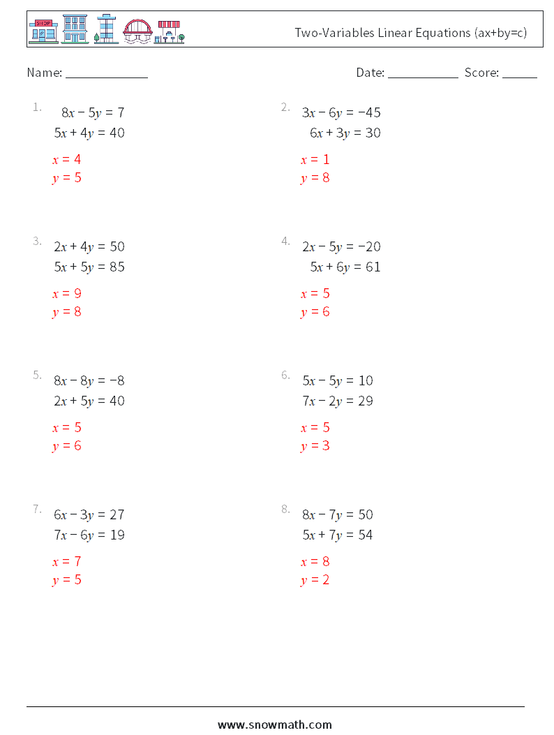 Two-Variables Linear Equations (ax+by=c) Math Worksheets 16 Question, Answer