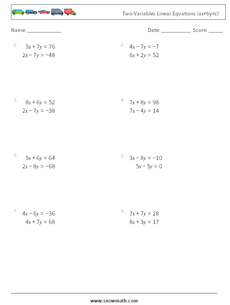 Two-Variables Linear Equations (ax+by=c) Math Worksheets 18