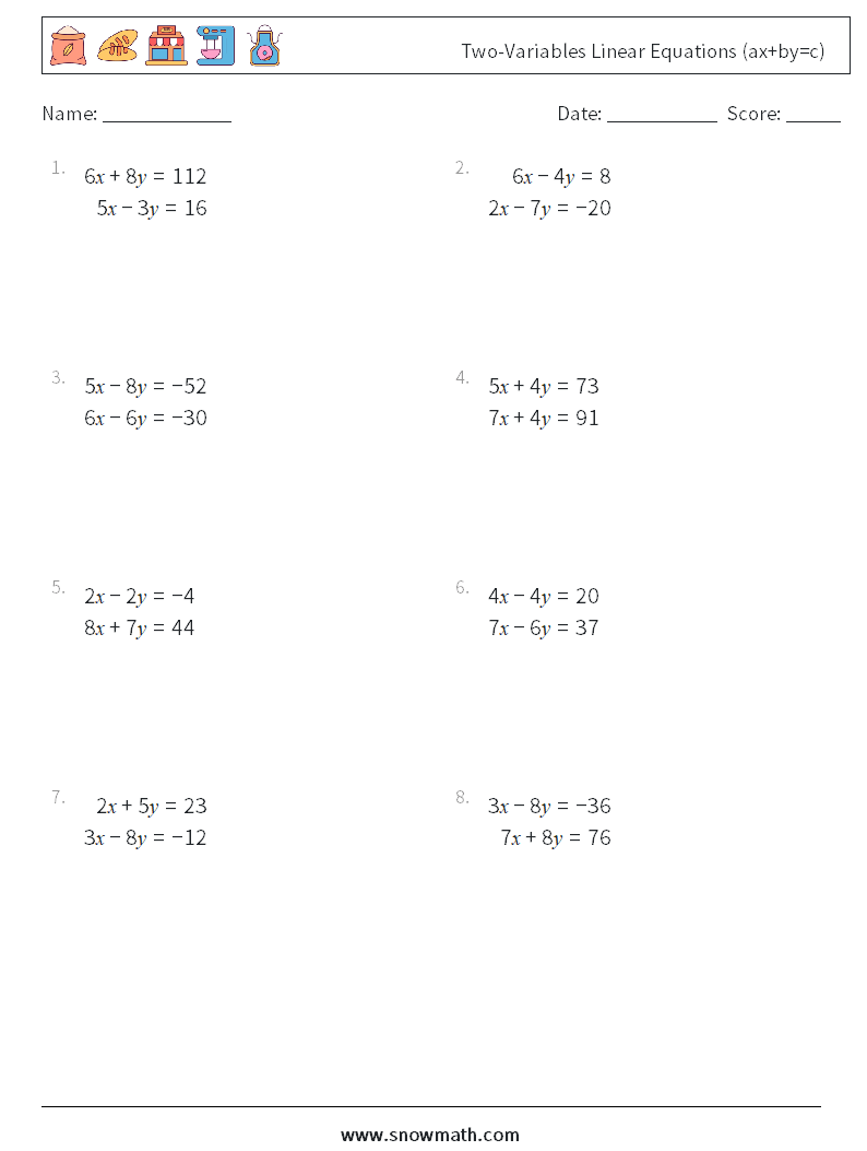 Two-Variables Linear Equations (ax+by=c) Math Worksheets 2