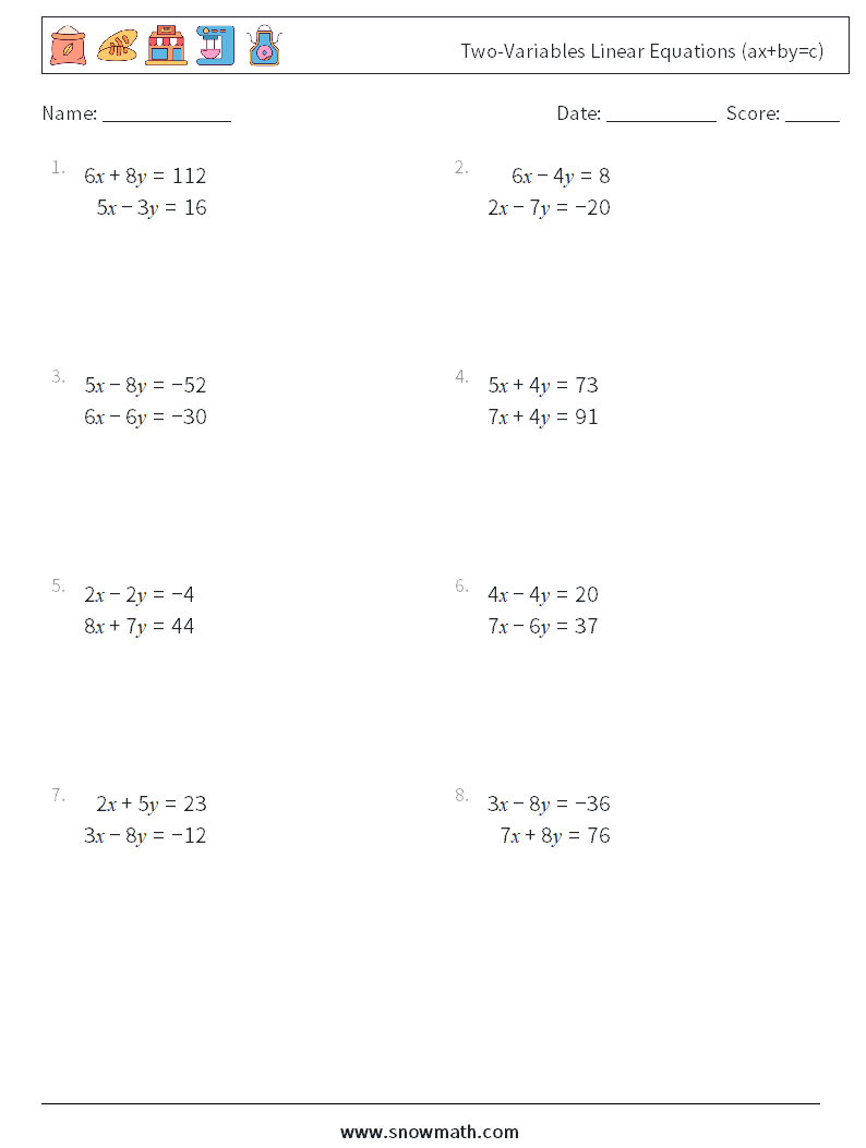 Two-Variables Linear Equations (ax+by=c) Maths Worksheets 2