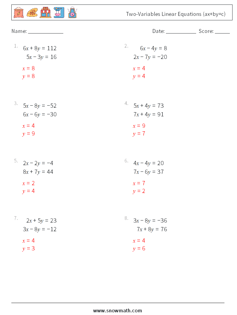 Two-Variables Linear Equations (ax+by=c) Math Worksheets 2 Question, Answer