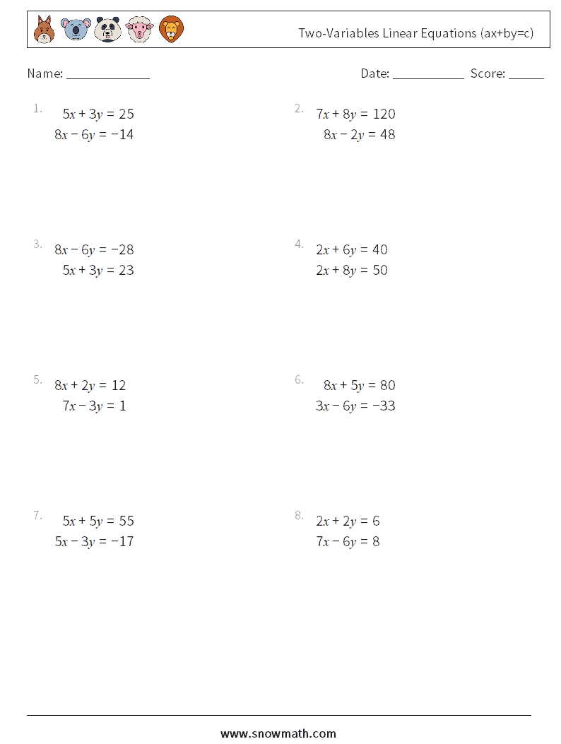 Two-Variables Linear Equations (ax+by=c) Math Worksheets 4