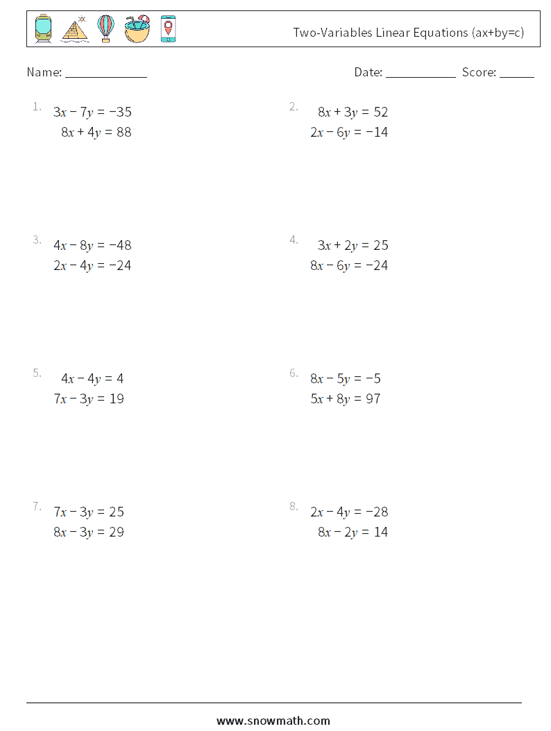 Two-Variables Linear Equations (ax+by=c) Math Worksheets 6