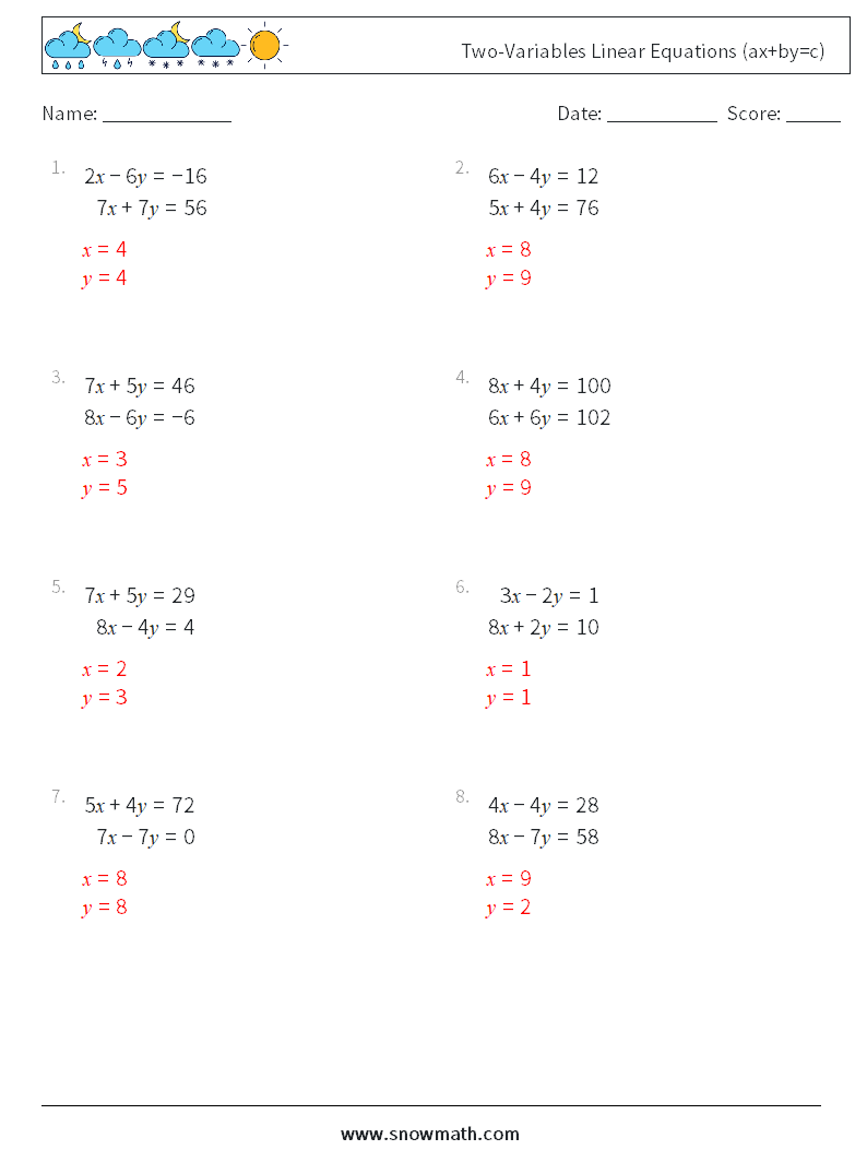 Two-Variables Linear Equations (ax+by=c) Math Worksheets 7 Question, Answer