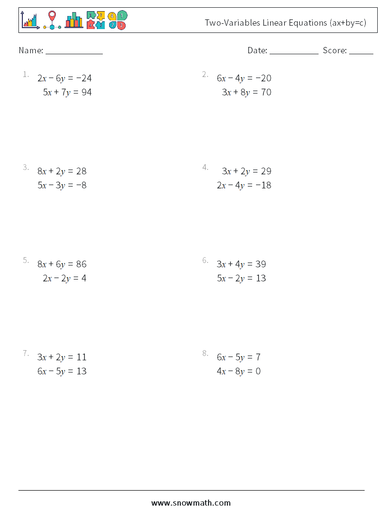 Two-Variables Linear Equations (ax+by=c) Math Worksheets 8