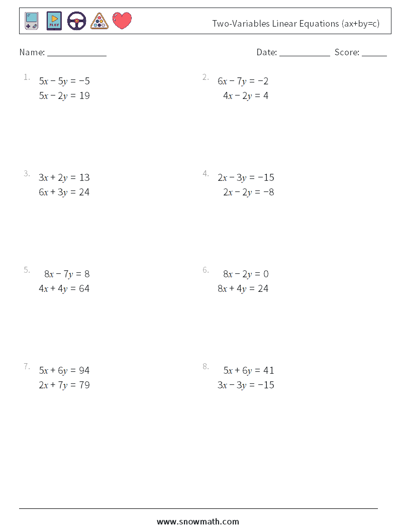 Two-Variables Linear Equations (ax+by=c) Math Worksheets 9