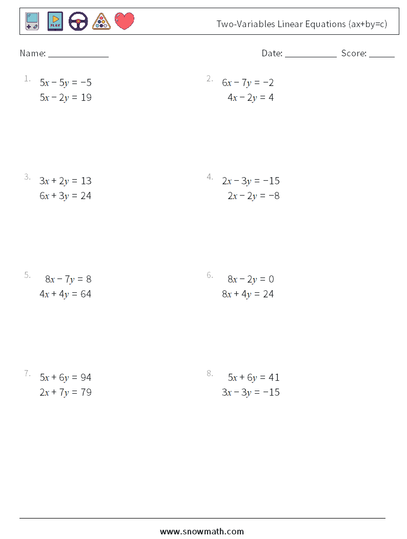 Two-Variables Linear Equations (ax+by=c) Maths Worksheets 9