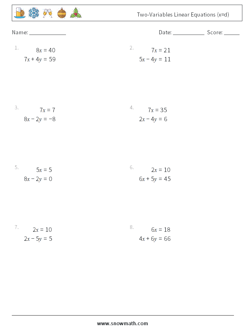 Two-Variables Linear Equations (x=d) Maths Worksheets 1