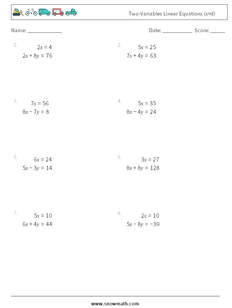 Two-Variables Linear Equations (x=d) Math Worksheets 11