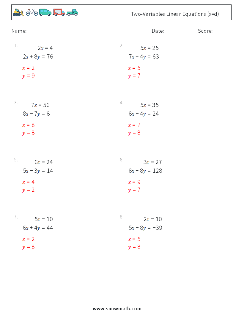 Two-Variables Linear Equations (x=d) Math Worksheets 11 Question, Answer