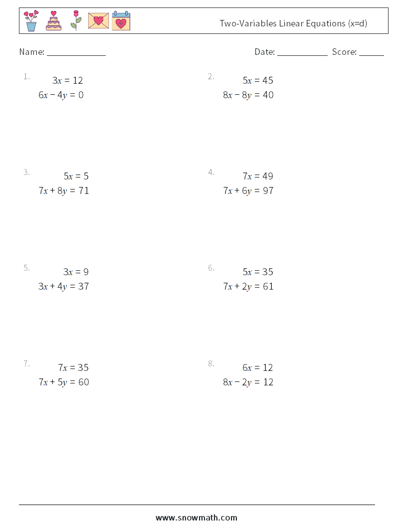 Two-Variables Linear Equations (x=d) Math Worksheets 12