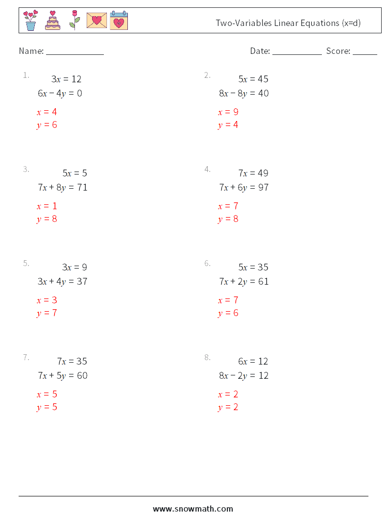 Two-Variables Linear Equations (x=d) Math Worksheets 12 Question, Answer