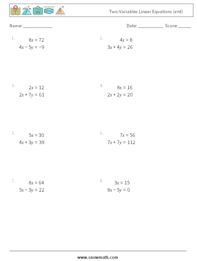 Two-Variables Linear Equations (x=d) Maths Worksheets 13