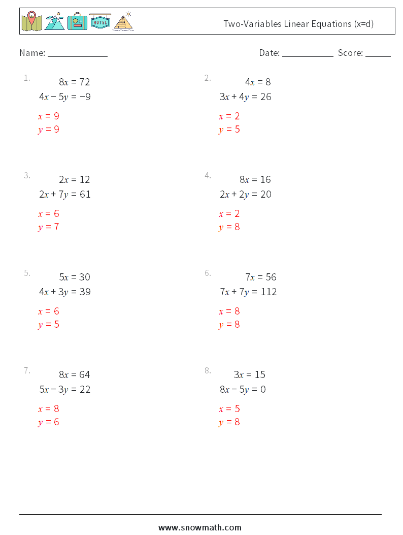 Two-Variables Linear Equations (x=d) Math Worksheets 13 Question, Answer