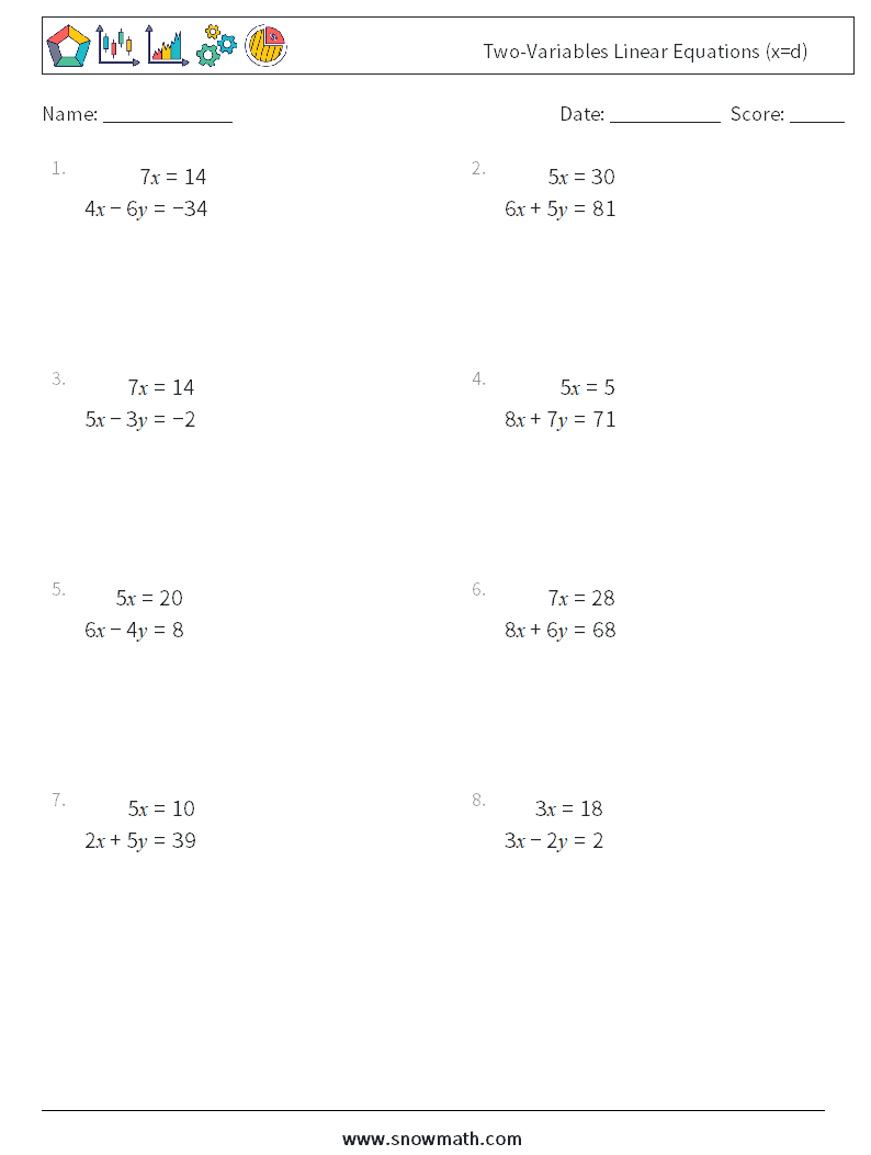 Two-Variables Linear Equations (x=d) Math Worksheets 15