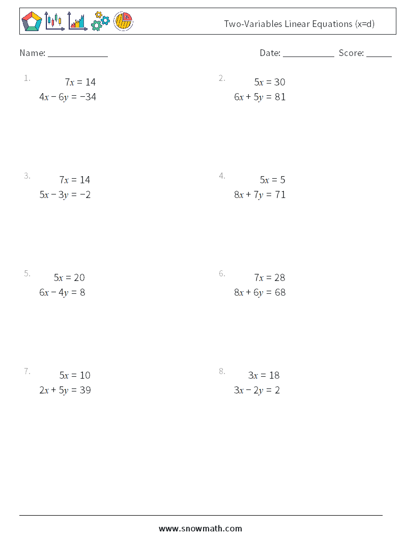 Two-Variables Linear Equations (x=d) Maths Worksheets 15