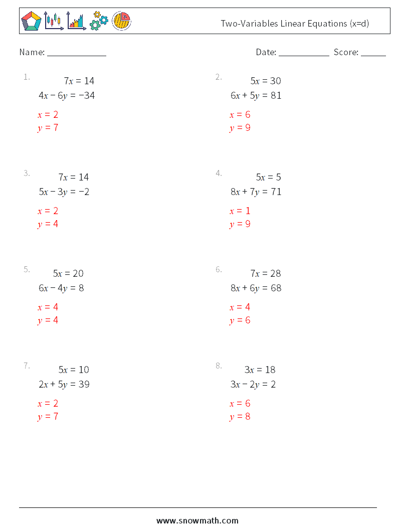 Two-Variables Linear Equations (x=d) Math Worksheets 15 Question, Answer