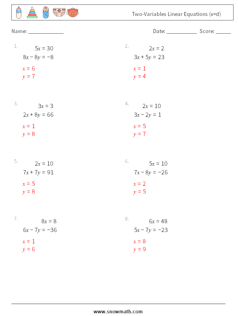 Two-Variables Linear Equations (x=d) Math Worksheets 16 Question, Answer