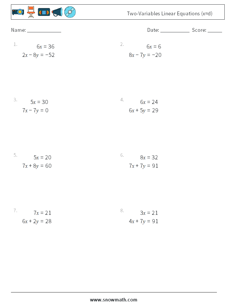 Two-Variables Linear Equations (x=d) Math Worksheets 17