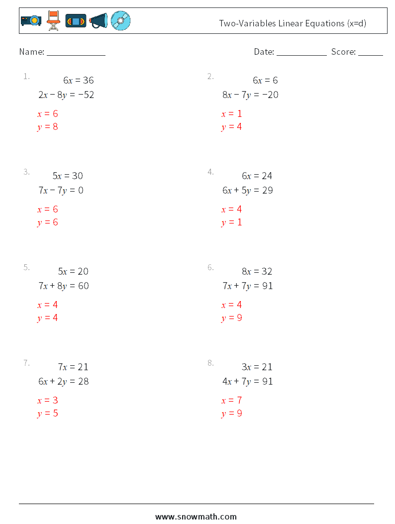 Two-Variables Linear Equations (x=d) Math Worksheets 17 Question, Answer