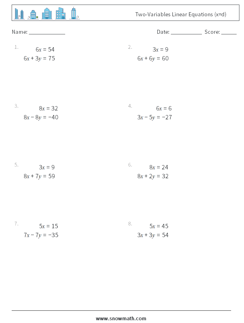 Two-Variables Linear Equations (x=d) Math Worksheets 18