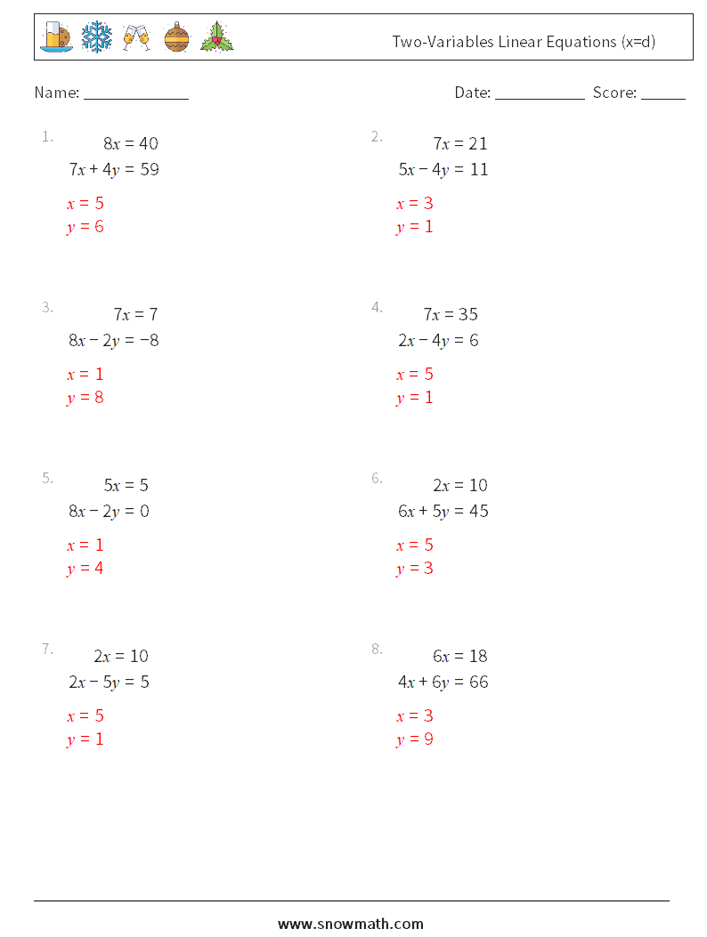 Two-Variables Linear Equations (x=d) Math Worksheets 1 Question, Answer