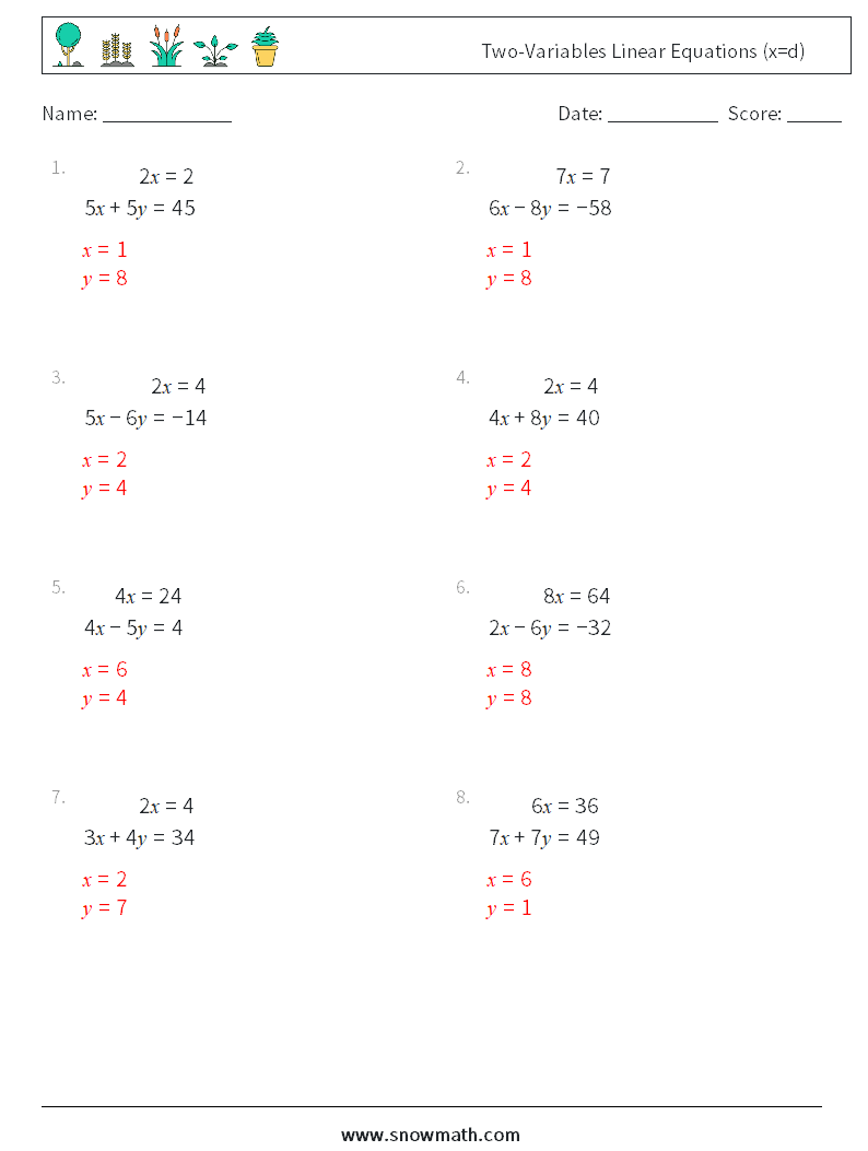 Two-Variables Linear Equations (x=d) Math Worksheets 2 Question, Answer