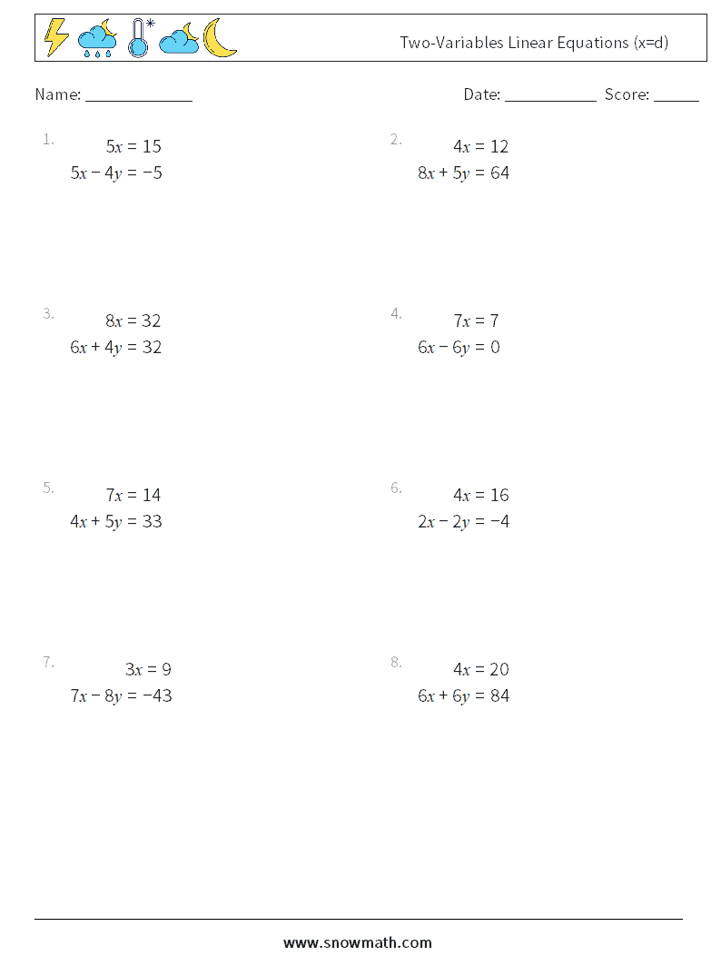 Two-Variables Linear Equations (x=d) Math Worksheets 3