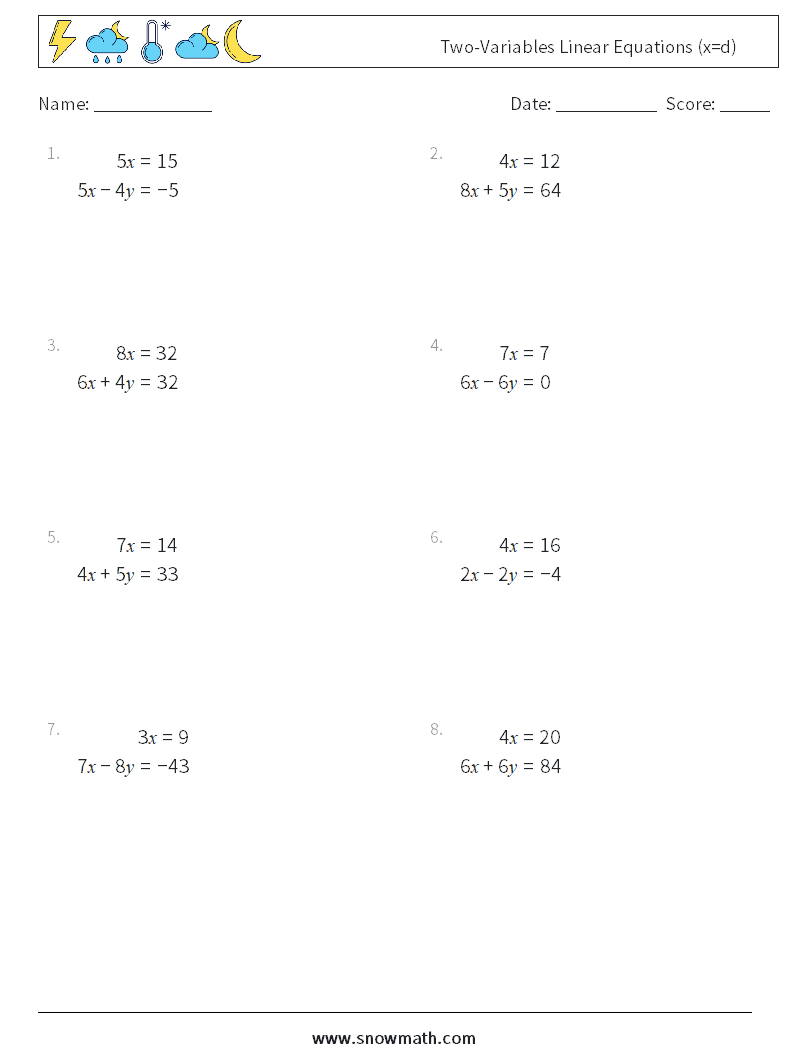 Two-Variables Linear Equations (x=d) Maths Worksheets 3