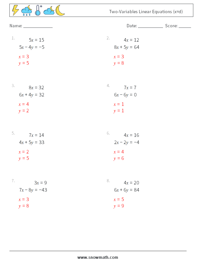 Two-Variables Linear Equations (x=d) Math Worksheets 3 Question, Answer