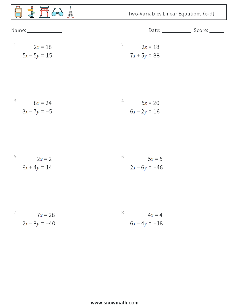 Two-Variables Linear Equations (x=d) Maths Worksheets 4
