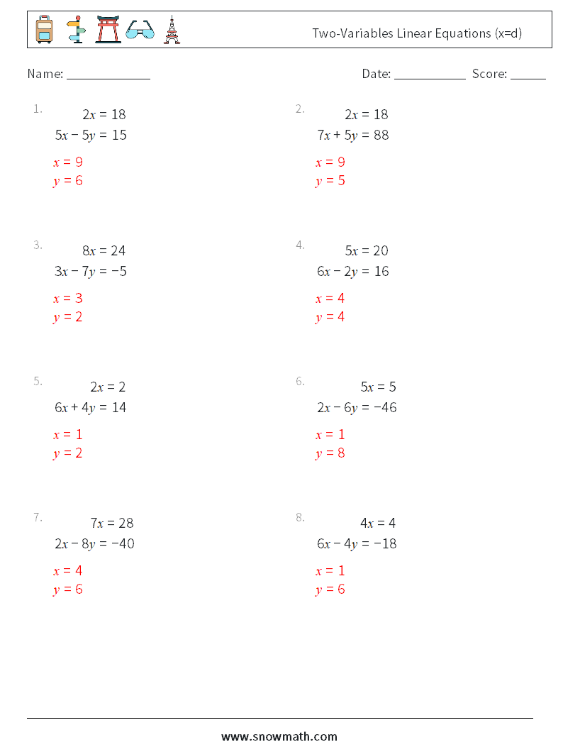 Two-Variables Linear Equations (x=d) Math Worksheets 4 Question, Answer