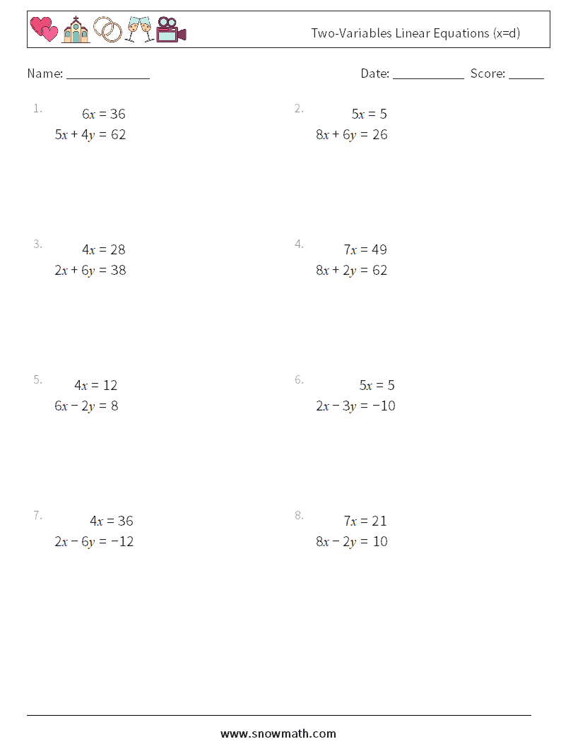 Two-Variables Linear Equations (x=d) Math Worksheets 5