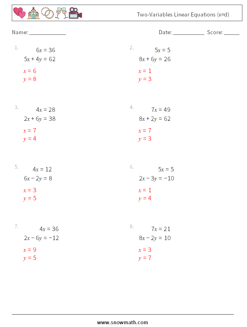 Two-Variables Linear Equations (x=d) Math Worksheets 5 Question, Answer